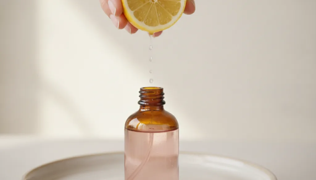 A hand squeezing a fresh lemon into a bottle of rose water showcasing a DIY toner recipe for brightening and balancing t