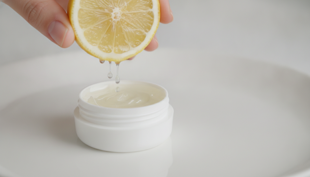 A hand squeezing a fresh lemon into a small tub of Vaseline demonstrating a DIY beauty mix for smooth and supple skin