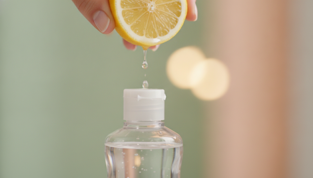 A hand squeezing a fresh lemon into a bottle of baby oil demonstrating a DIY blend for soft and luminous skin