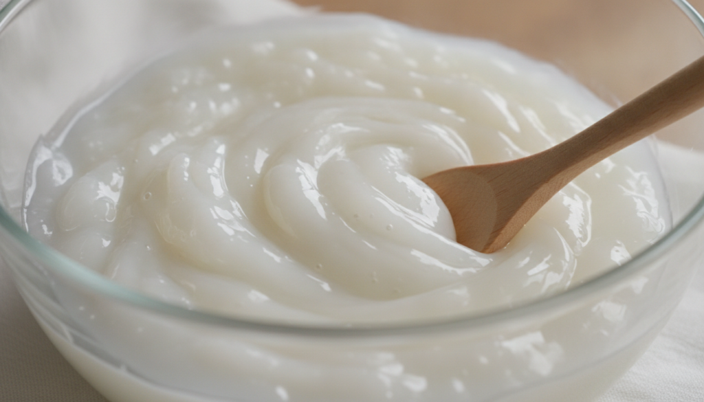 A close-up of a glass bowl showing a creamy white mixture of rice gel and melted Vaseline being stirred gently with a sm