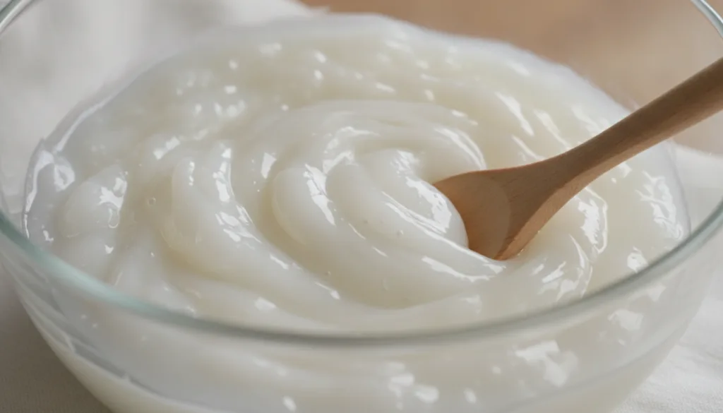 A close-up of a glass bowl showing a creamy white mixture of rice gel and melted Vaseline being stirred gently with a sm