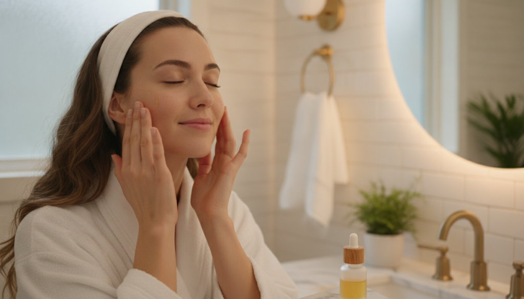 A woman gently massaging a few drops of oil onto her clean face with a soft warm glow