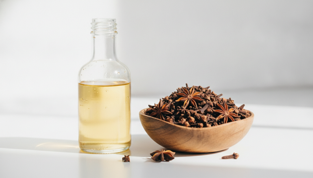 A close-up of sweet almond oil in a bottle next to a small bowl of whole cloves ready for mixing