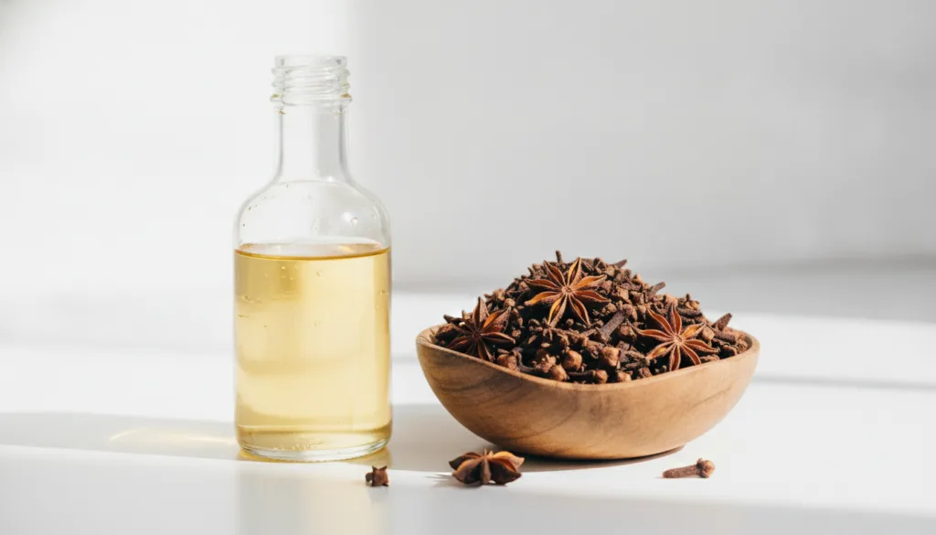 A close-up of sweet almond oil in a bottle next to a small bowl of whole cloves ready for mixing