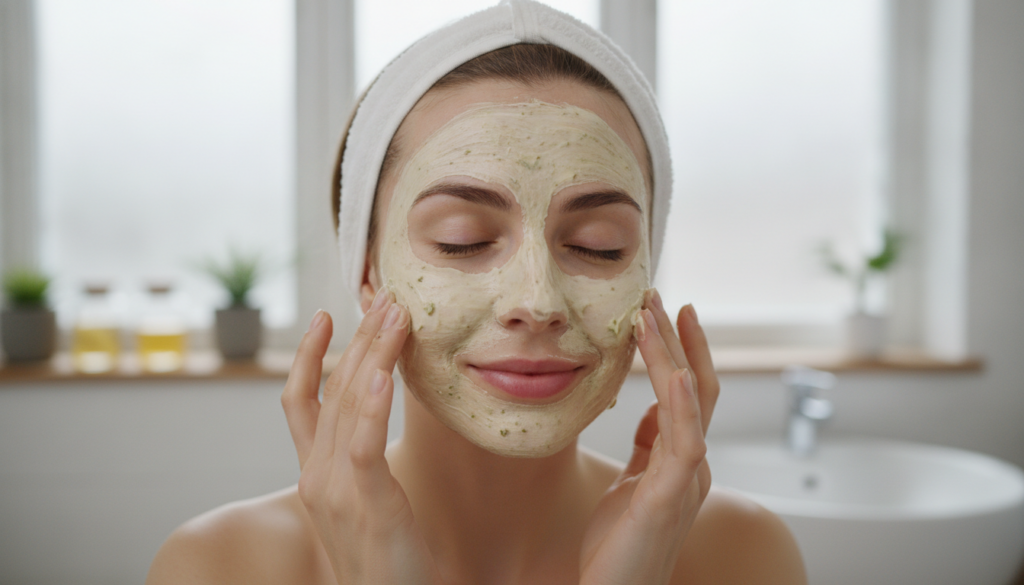 A woman gently applying the homemade face mask to her clean face with her fingertips focusing on cheeks and forehead