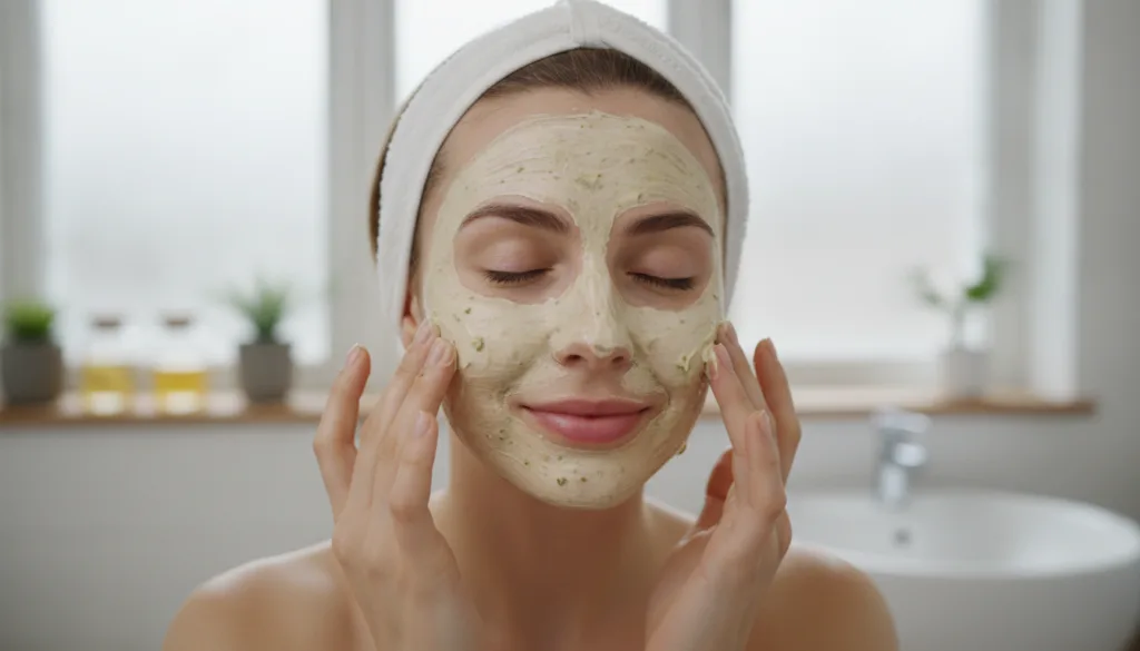 A woman gently applying the homemade face mask to her clean face with her fingertips focusing on cheeks and forehead