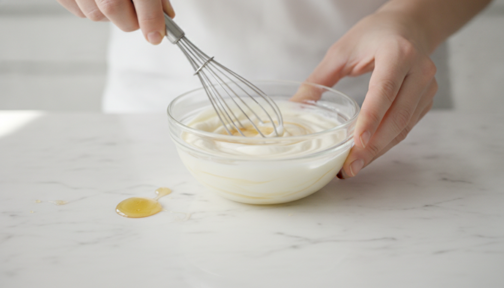 A close-up of a person mixing egg white honey and yogurt in a bowl to create a smooth face mask blend