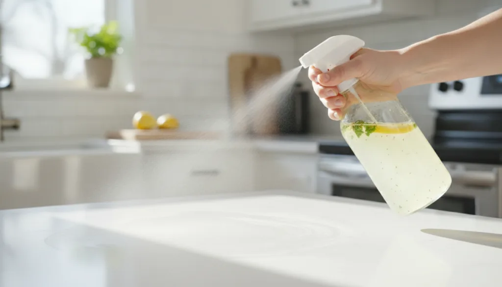 Someone spraying a kitchen counter with a homemade natural cleaner in a clear spray bottle