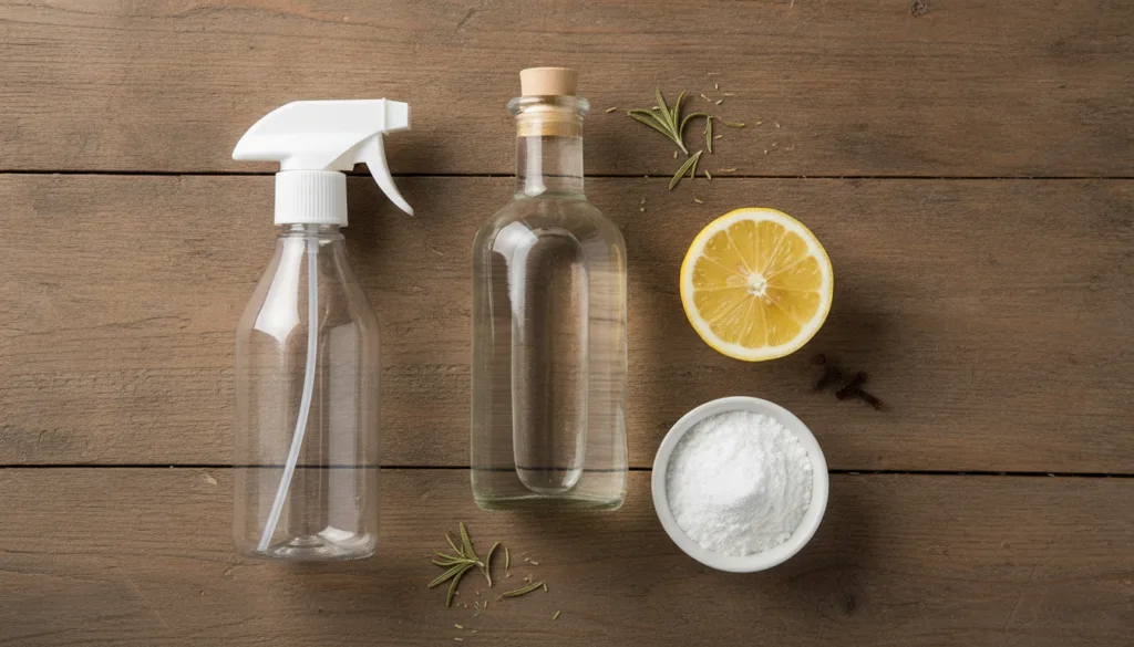 Common cleaning ingredients like white vinegar baking soda lemon and a spray bottle on a wooden surface