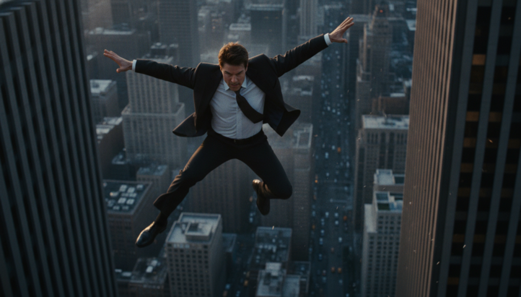 Tom Cruise performing a high-octane stunt in an action movie possibly jumping or riding a motorcycle