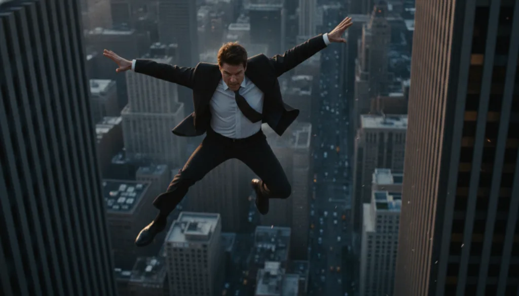 Tom Cruise performing a high-octane stunt in an action movie possibly jumping or riding a motorcycle