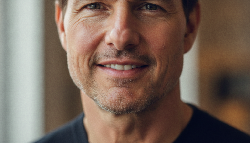 Close-up of Tom Cruise s lower face showing his jawline chin and a characteristic smile or intense expression