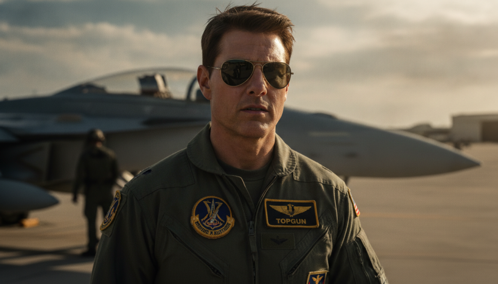 Tom Cruise as Maverick from Top Gun wearing a flight suit and aviator sunglasses