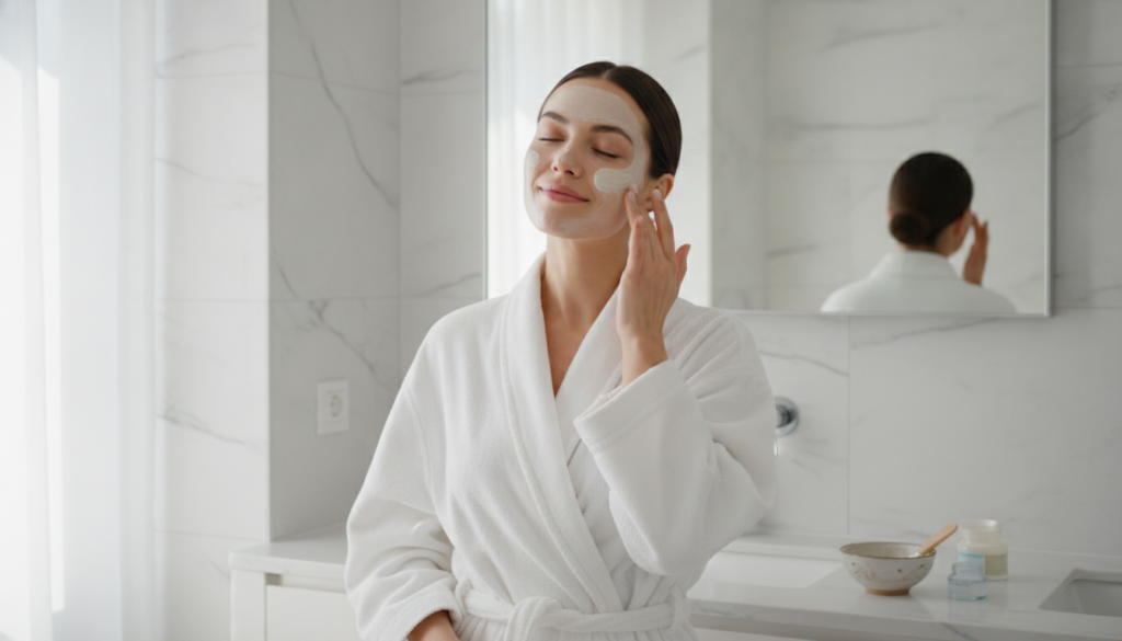 A woman applying the finished DIY beauty paste to her face with a visible radiant glow after application in a brightly l