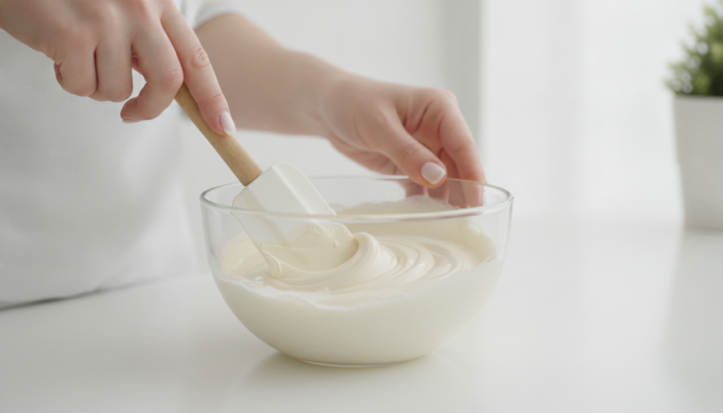 Close-up of hands mixing the DIY viral beauty paste in a small glass bowl showing the consistency of the blended ingredi