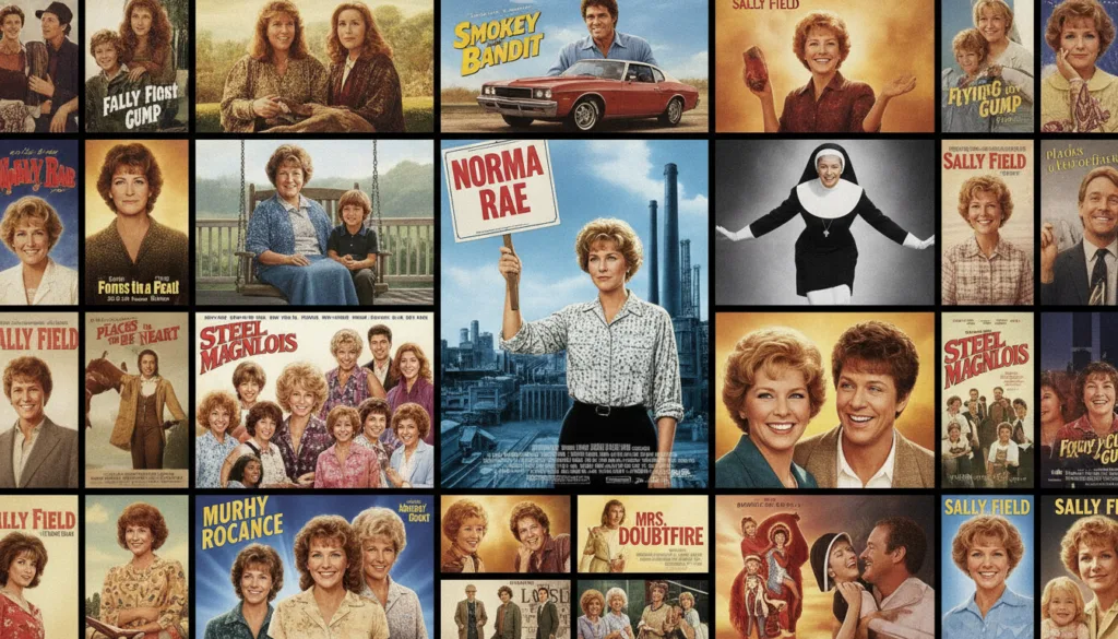 Collage of movie posters or stills featuring Sally Field in some of her most famous roles such as Norma Rae Smokey and t