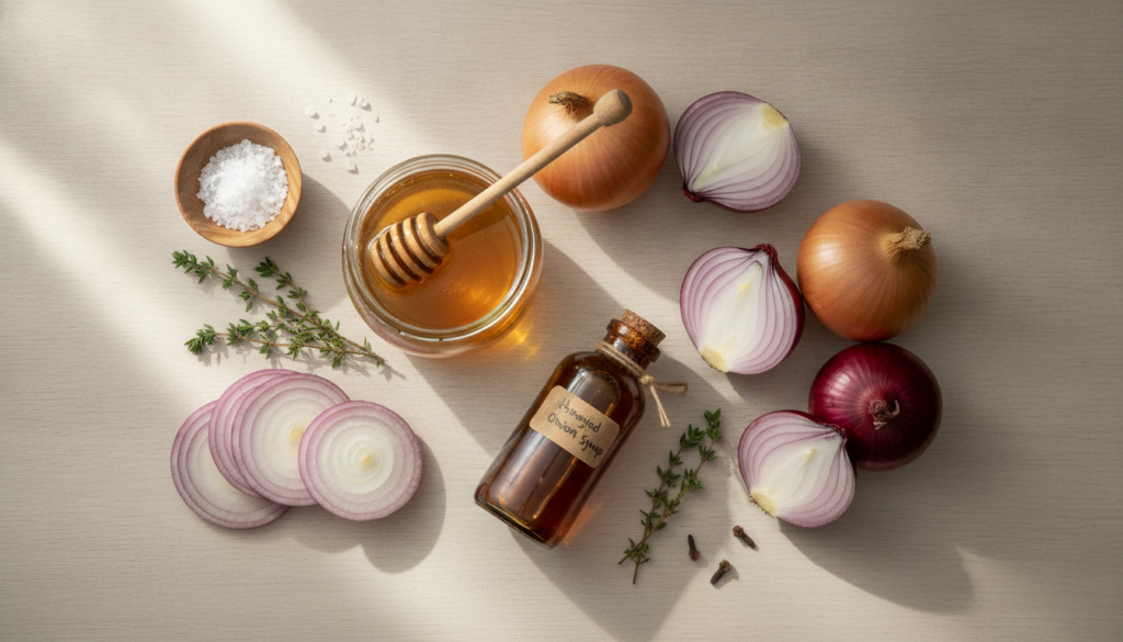 A neatly arranged selection of fresh onions a jar of golden honey and a glass bottle of the finished honeyed onion syrup