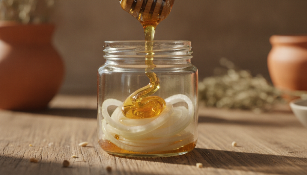 A close-up of amber honey being drizzled from a wooden dipper into a small glass jar containing sliced onions set on a r