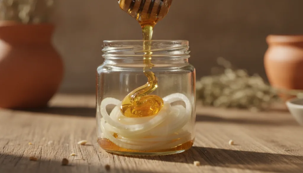 A close-up of amber honey being drizzled from a wooden dipper into a small glass jar containing sliced onions set on a r