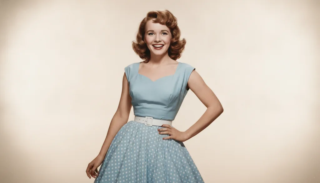 A vibrant full-color publicity still of a young Debbie Reynolds smiling brightly perhaps in a scene from Singin in the R