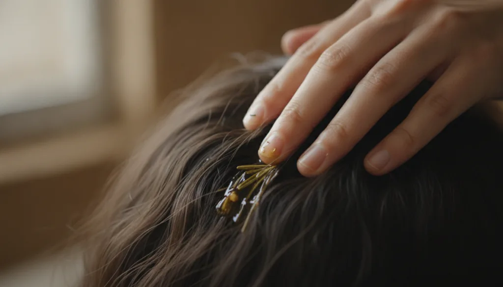 A hand gently massaging a small amount of the golden rosemary ginger oil into a scalp highlighting the application proce