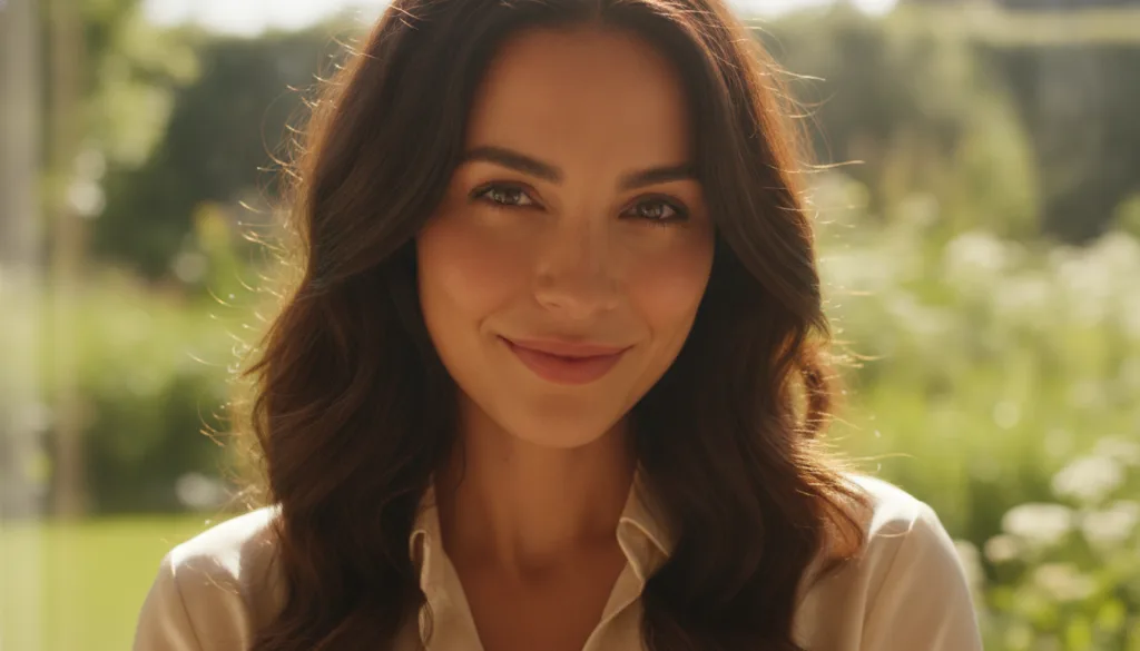 A woman with shiny healthy-looking hair smiling softly showing the potential benefits of the hair oil