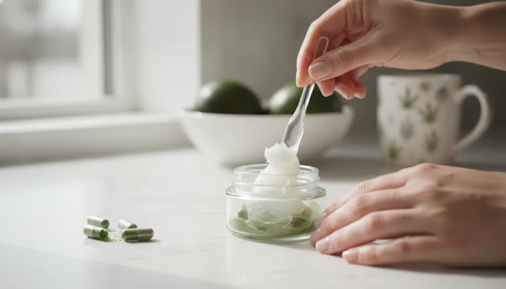 A person s hands gently mixing petroleum jelly and the contents of a green capsule in a small clear glass jar with a sma