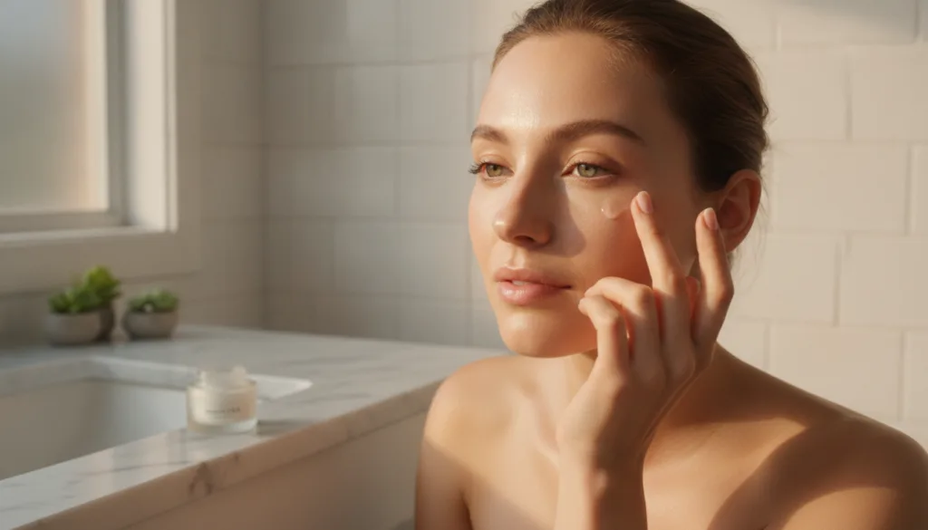 A woman gently applying a small amount of balm to her face near her eye with a soft glowing complexion in a bright bathr
