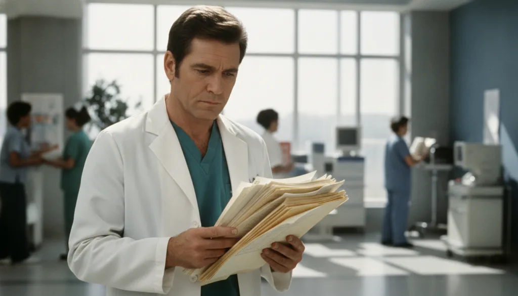 Pernell Roberts as Dr Trapper John McIntyre in the TV series Trapper John M D wearing medical scrubs or a lab coat looki