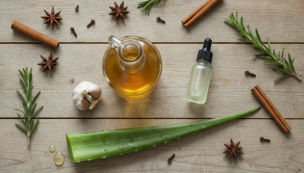 A flat lay arrangement of natural ingredients often used in home remedies including a bottle of apple cider vinegar a ga