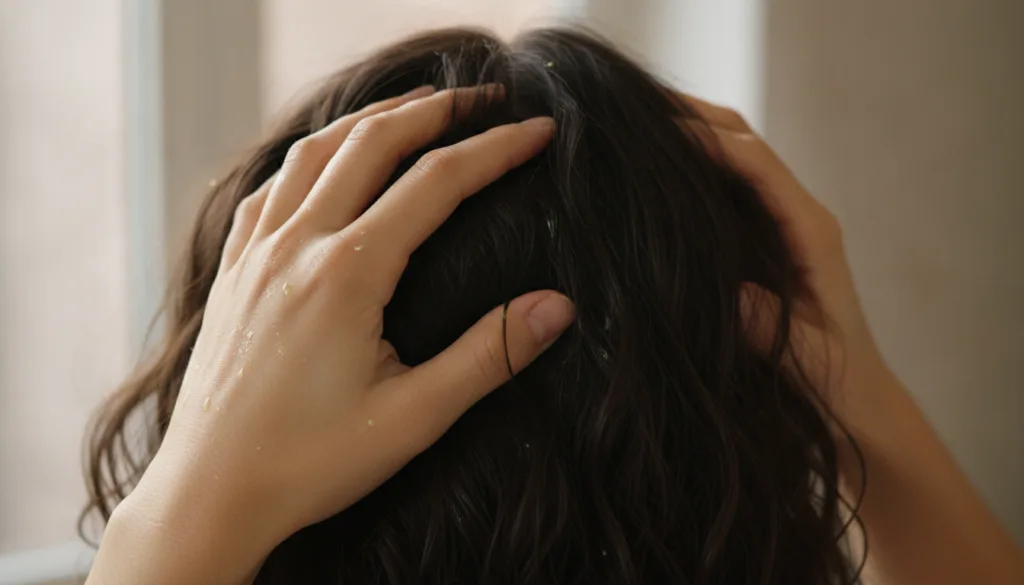 A person s hands gently massaging the DIY rosemary ginger avocado oil into their scalp showcasing the application proces