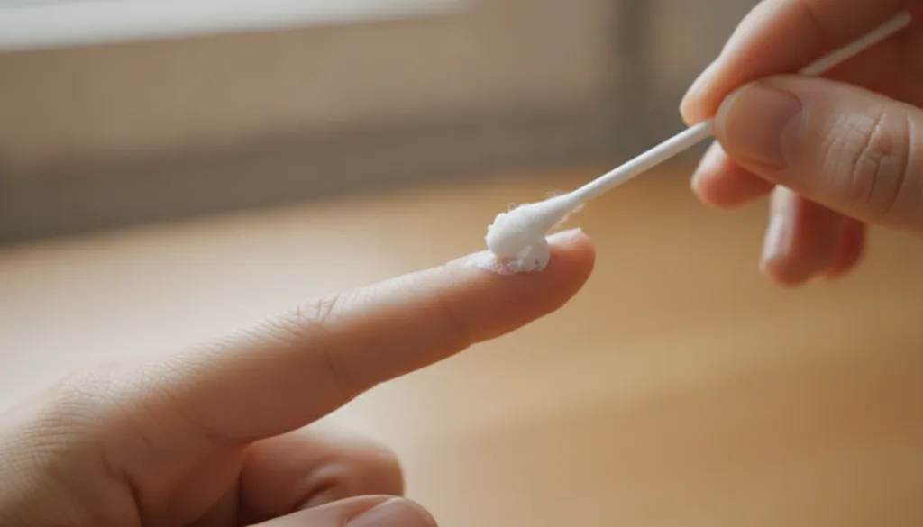A person gently applying the prepared paste to a small wart on their finger with a cotton swab or clean fingertip