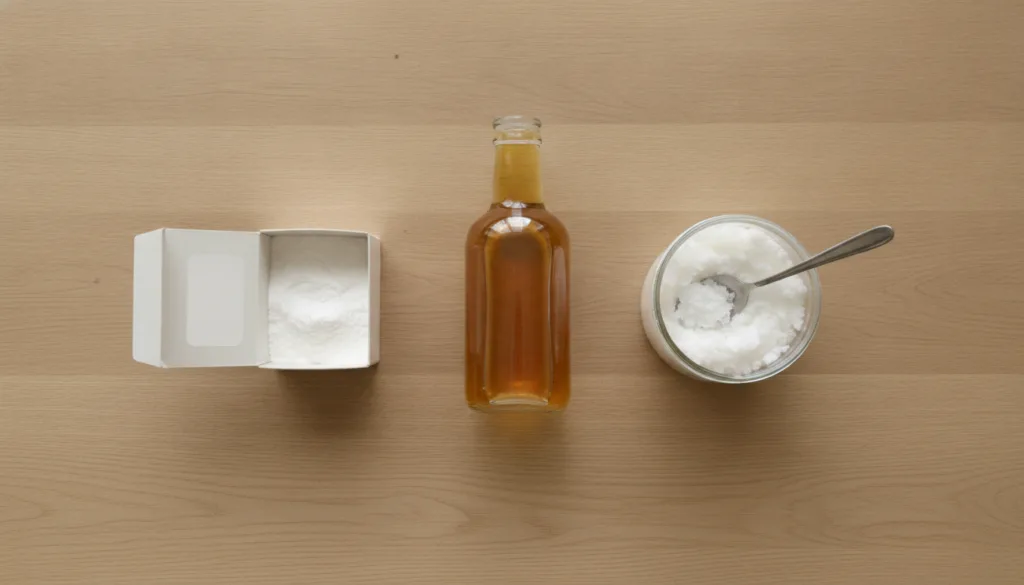 A neat flat lay of a bottle of apple cider vinegar a box of baking soda and a jar of virgin coconut oil showcasing the s