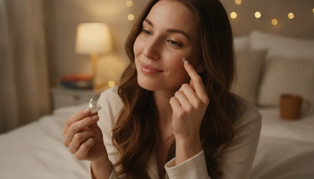 A woman gently applying a small amount of Vaseline to her face after applying a serum from a beauty capsule in a nightti