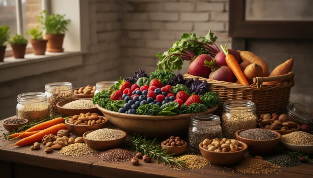 A vibrant colorful spread of various whole foods arranged appealingly on a wooden table The spread includes fresh fruits