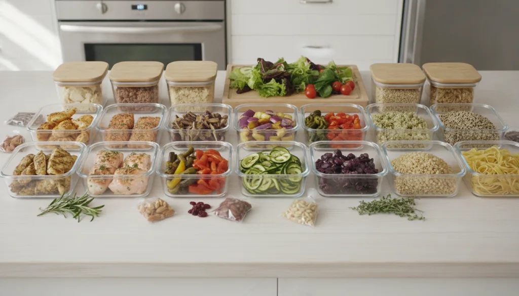 A vibrant and healthy meal prep spread with various protein sources colorful vegetables and complex carbohydrates neatly