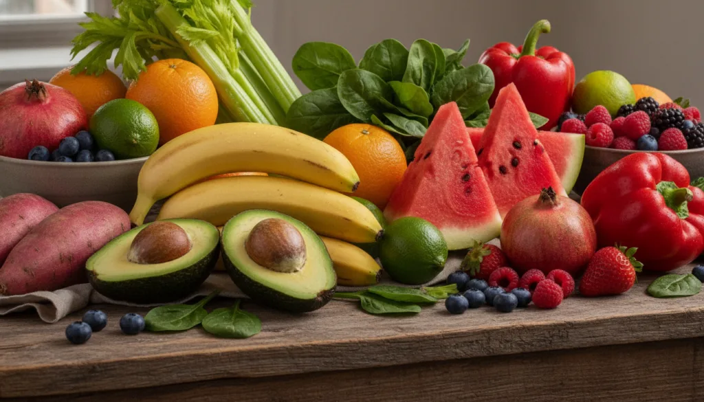 A vibrant assortment of fruits and vegetables known for their electrolyte content such as bananas avocados and watermelo