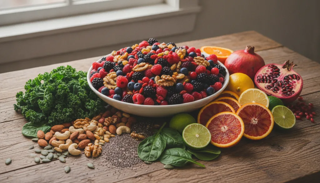 A vibrant and colorful spread of various superfoods including berries leafy greens nuts seeds and citrus fruits artfully