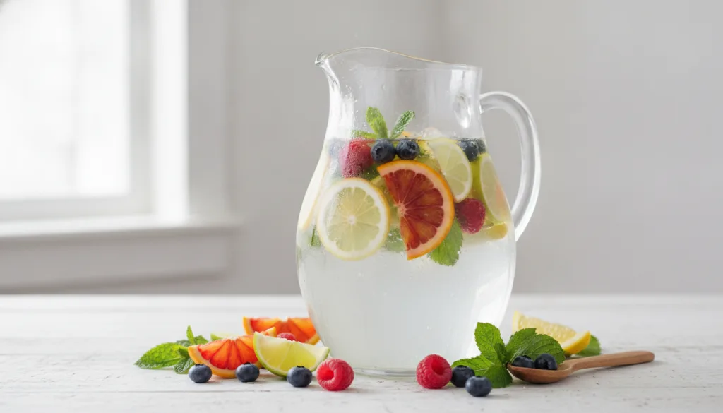 A refreshing and colorful fruit-infused water with slices of citrus berries and mint in a glass pitcher surrounded by fr