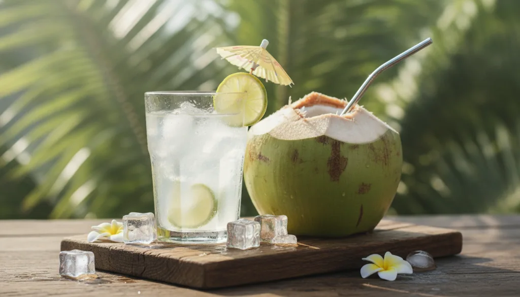 A refreshing glass of coconut water with a cut coconut and palm leaves in the background