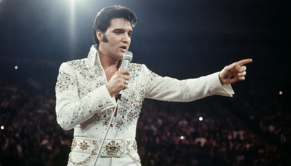 A real publicity photo of Elvis Presley in his prime wearing a sparkling stage outfit singing into a microphone