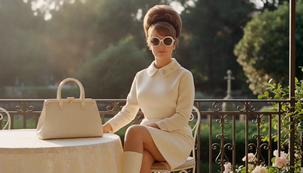 A real photo of Priscilla Presley during the 1960s showcasing her iconic fashion and hairstyle
