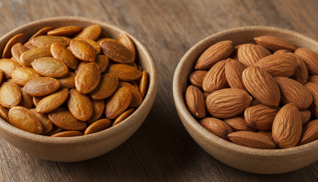 A close-up shot of pumpkin seeds and almonds in separate small bowls
