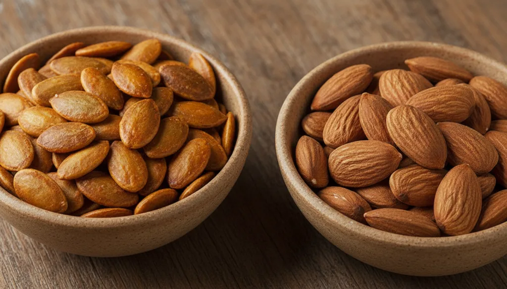 A close-up shot of pumpkin seeds and almonds in separate small bowls