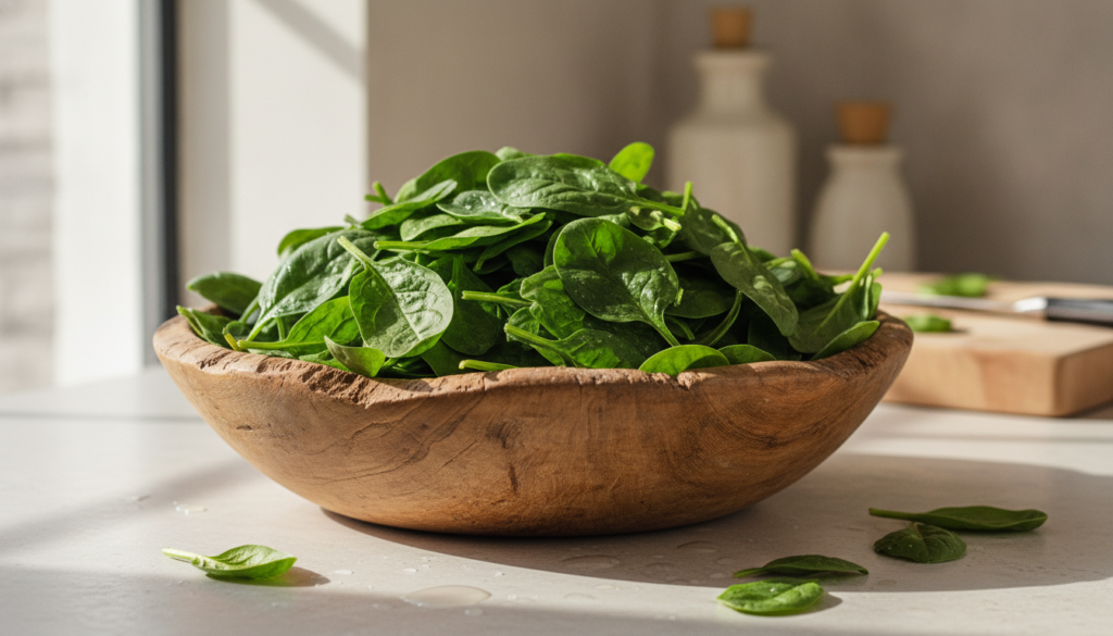 Fresh vibrant green spinach leaves in a rustic bowl
