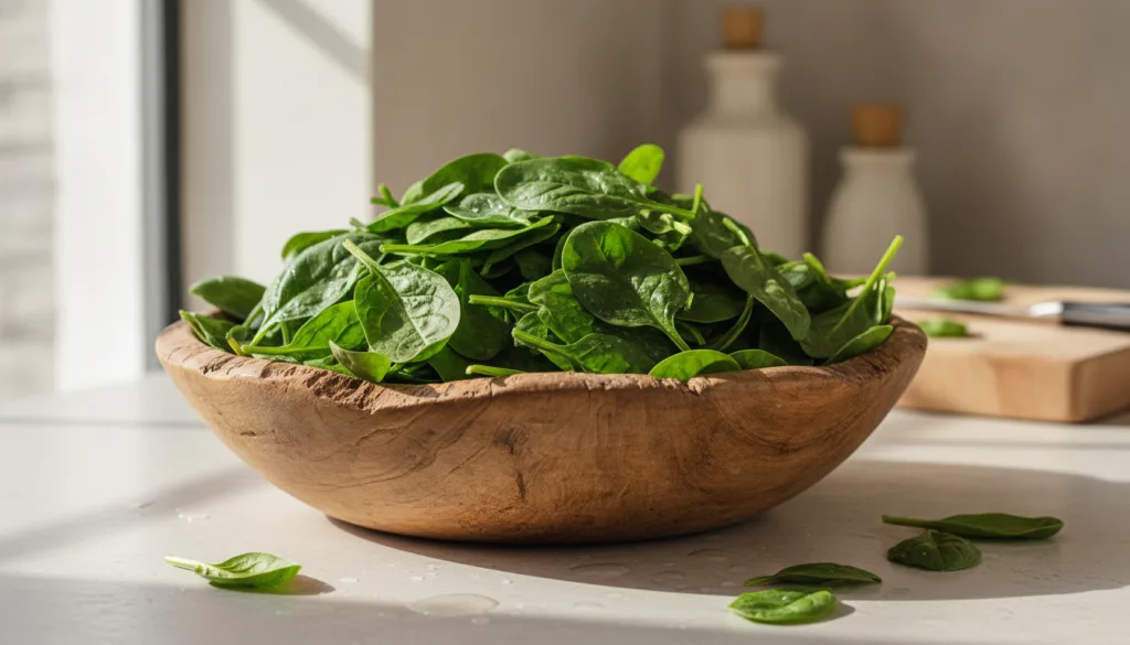 Fresh vibrant green spinach leaves in a rustic bowl