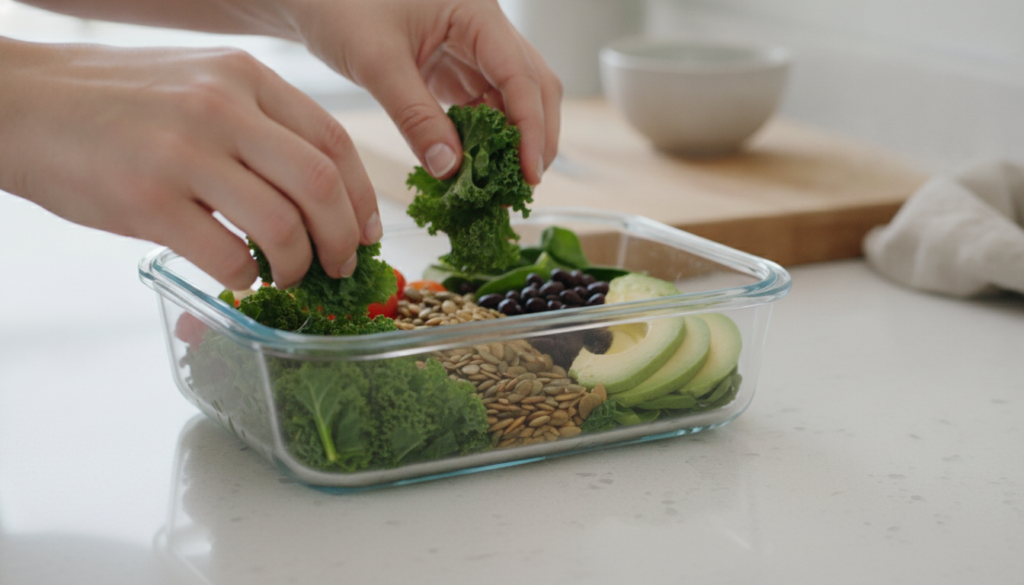 A person preparing a healthy salad with leafy greens nuts and beans