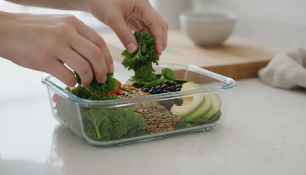 A person preparing a healthy salad with leafy greens nuts and beans