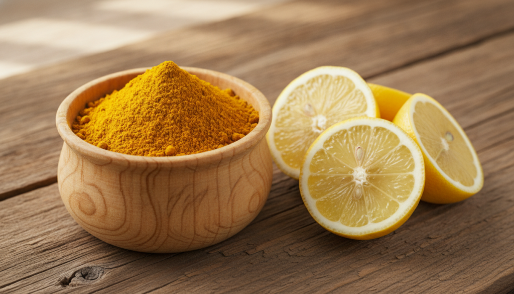 Close-up of a vibrant bowl of turmeric powder next to sliced lemons highlighting the natural ingredients