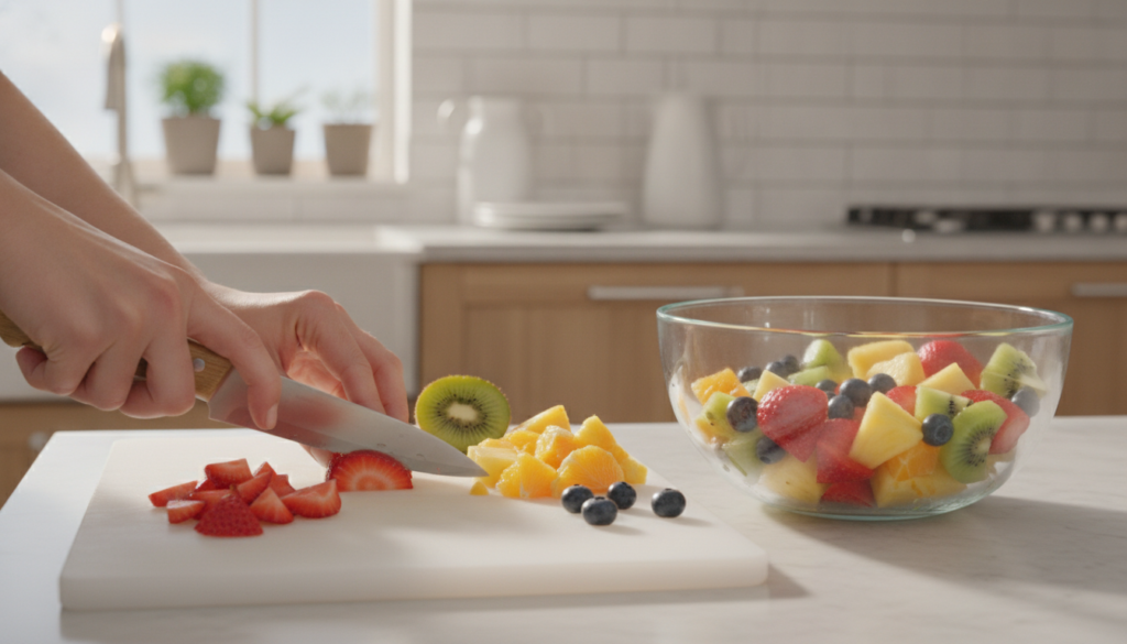 A person preparing a fresh fruit salad with various colorful fruits including strawberries kiwi and oranges in a bright